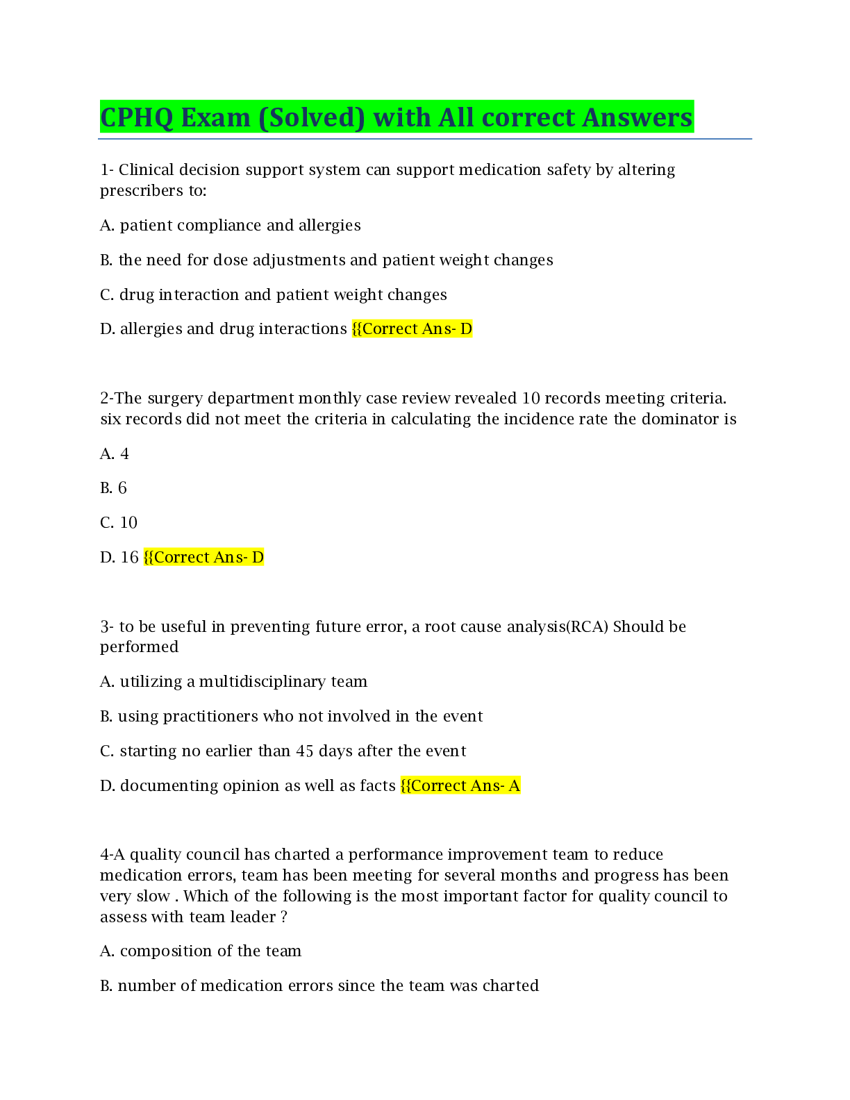 Preview image of CPHQ Exam (Solved) with All correct Answers document